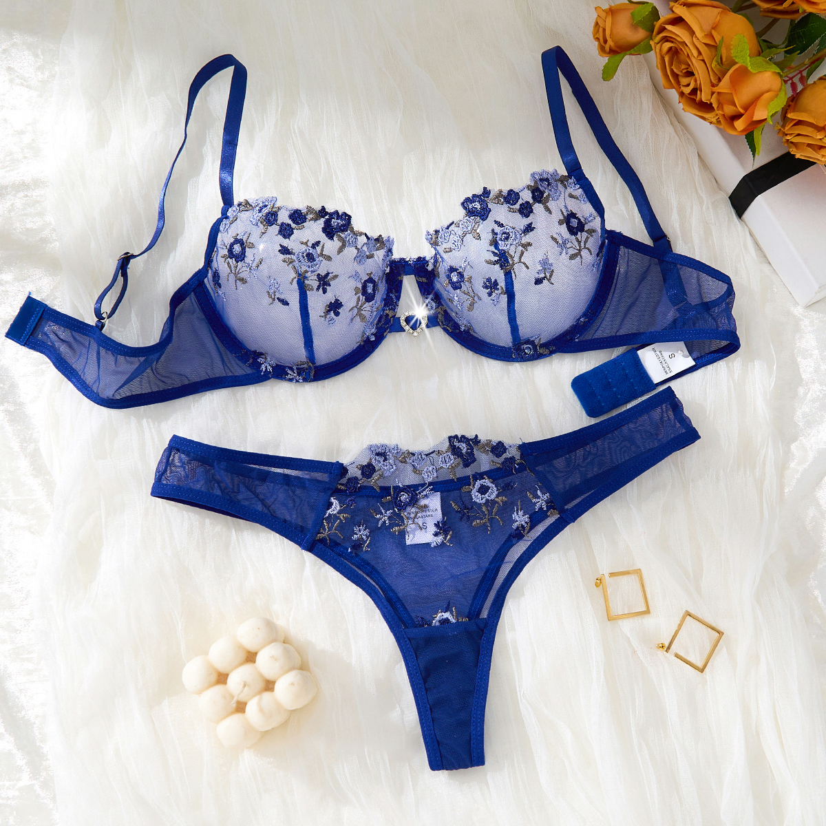 G&T Hunting & Outdoor Gun Shop Skegness - Blue Embroidered Floral Lingerie Set -